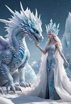 a woman in a white dress standing next to a blue and white dragon on snow covered ground