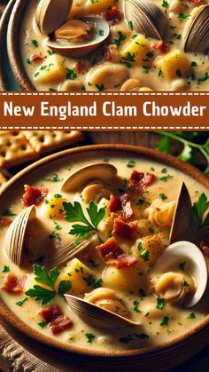 two bowls filled with clam chowder next to crackers