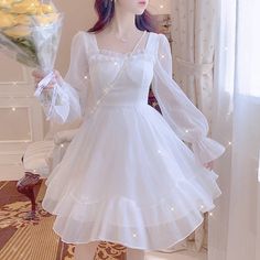 Платье принцессы Sparkle Angel Angelcore Fairycore Платье феи White Feminine Dress, Fluffy Dress Aesthetic, Grad Dresses Long Sleeve, Long White Dress Aesthetic, Korean Aesthetic Dress, Cupid Aesthetic Outfit, White Dress Angel, Angel White Dress, White Aesthetic Dress