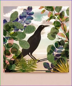 a painting of a bird sitting on top of a tree branch with leaves around it