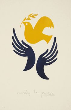 a yellow and blue bird with the words reaching for peace