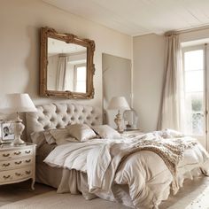 a bedroom with a bed, dressers and mirror in it's center area