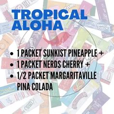 the label for tropical aloha is shown in blue and white with an image of various