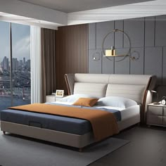 a bedroom with a large window and a bed in the middle, next to a cityscape