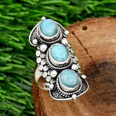 *Larimar Ring, 925 Sterling Silver Ring, Filigree Ring, Bohemian Ring, Statement Ring, Handmade Jewelry, Three Stone Ring, Gift For Her *Main Stone : Larimar *Main Stone Color : blue *Main Stone Creation : Natural Gemstone *Metal : Sterling Silver *Base Metal : 925 parts per 1000 *Style : Ring Larimar Ring, Larimar Rings, Bohemian Ring, Three Stone Ring, Bohemian Rings, Filigree Ring, Three Stone Rings, Ring Handmade, Three Stone