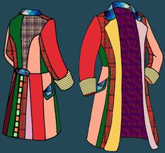 an illustration of a coat with different colors and patterns on the front, back and sides