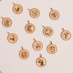 nine gold pendants with zodiac signs on them sitting on a white surface, all in different shapes and sizes