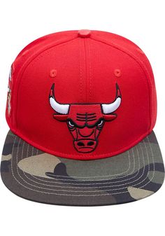 Wear your Bulls style with pride in this Chicago Bulls Pro Standard Red Camo Visor Snapback Hat! This Chicago Snapback Hat features a embriodered team logo on front panel with camo visor and team logo embriodered on side. Go Bulls! Pro Standard Fashion Snapback, Front embroidered team logo, Fashion accents on crown and visor, Snap closure, Fashion forward style, Polyester, Wipe clean with cloth or cleaning kit, 4 Red Snapback Flat Cap For Sports, Casual Red Fitted Hat For Streetwear, Red Casual Snapback Hat For Sports Events, Red Sports Flat Cap, Red Flat Cap For Sports, Red Casual Snapback Hat With Embroidered Logo, Red Casual Fitted Hat With Embroidered Logo, Urban Red Snapback Hat, Red Urban Snapback Hat