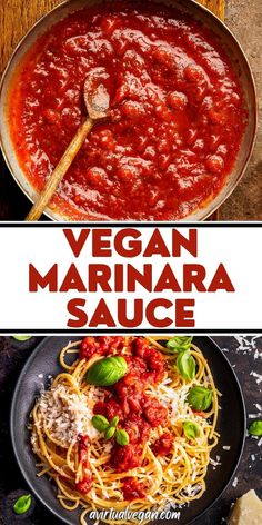 vegan marinara sauce in a skillet with pasta and basil on the side