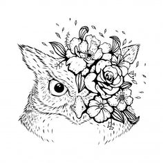 an owl with flowers on it's head is shown in this black and white drawing