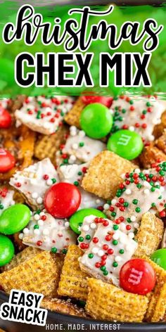 christmas chex mix in a bowl with green and red candies on the side