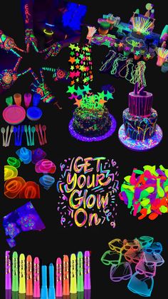 an image of neon glow party decorations and cake toppers on black background with the words get your glow on