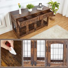 a person is holding a mouse in front of a wooden table with cage doors on it