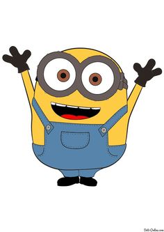 a cartoon minion with glasses and overalls is waving his arms in the air