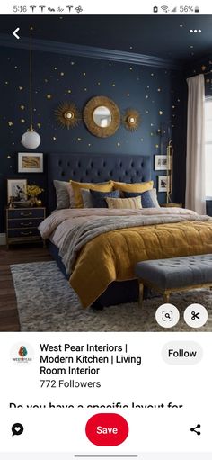 an image of a bedroom with gold and blue decor on the walls, along with other items