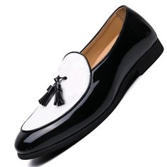 JKP Men's Fashion Tassel Design Leather Black & White Oxfords Dress Shoes - Divine Inspiration Styles Dark Brown Dress Shoes, Mens Designer Dress Shoes, Italian Loafers, Men Dress Shoes, Driving Shoes Men, Mens Slip On Shoes, Brown Dress Shoes, Business Suits, Black Dress Shoes