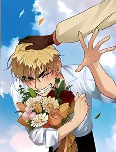 an anime character with blonde hair holding flowers in front of a blue sky and clouds