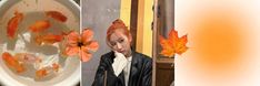 a woman with red hair is looking at flowers in a white bowl and an orange maple leaf