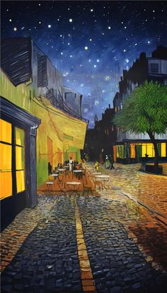 an oil painting of a city street at night with tables and chairs in the foreground