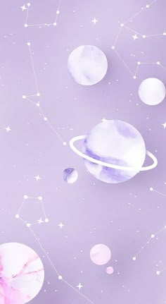 the planets and stars are painted in pastel colors on a purple background with white dots