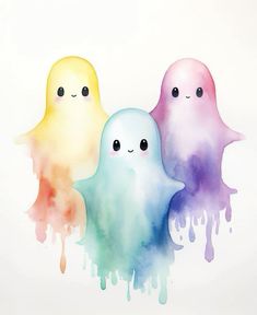 three watercolor ghostes with eyes and arms painted in different colors, standing next to each other