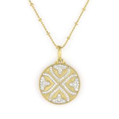 large-moroccan-pave-quatrefoil-disc-pendant Round Diamond Setting, Pendent Necklace, Disc Pendant, Pendant Gold, Estate Jewelry, Diamond Pendant, White Diamond, Gold Pendant, Round Diamonds