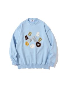 Letters Embroidery Crewneck Loose Fitting Knit Sweater Easy 30 day return policy Winter Sweater With Letter Embroidery, Winter Crew Neck Sweater With Letter Embroidery, Embroidered Crew Neck Knit Sweater, Spring Letter Print Knit Sweater, Spring Knit Sweater With Letter Print, Blue Sweater With Letter Embroidery For Fall, Winter Blue Sweater With Embroidered Text, Blue Winter Sweater With Embroidered Text, Blue Fall Sweater With Letter Embroidery