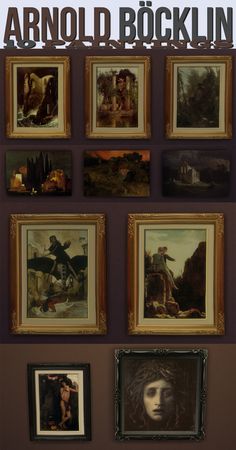 a wall with many paintings on it and the words arno d'rocklin above them