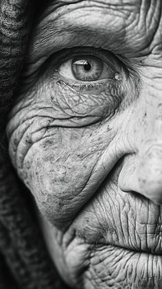 an old woman with wrinkles on her face looking at the camera, black and white photo