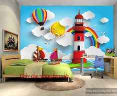 a room with a bed, desk and wall mural