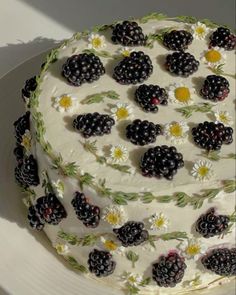 a white cake with blackberries and daisies on it