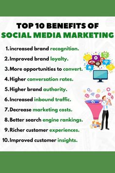 the top 10 benefits of social media marketing for small businesses infographical poster with text