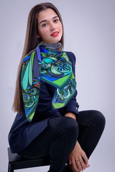 Blue /Green Universe, 110cm Square Silk Scarf This is a design that developed from a drawing inspired by nature and the mystery of the ever evolving Universe. There are layers of drawing all coming together to become this magic design of ideas. The green and blues are representative of nature with hints of reds, yellow and orange in there to bring it all to life. Well, thats my interpretation and see what you envision in there. It comes as a long scarf also and also in a purple version. A design Artsy Blue Art For Collection, Green Universe, Turkish Hijab, Luxury Silk Scarves, Irish Fashion, Scarf Knots, Designer Silk Scarves, Silk Neck Scarf, Bounty Hunters