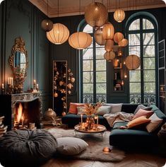 a living room filled with furniture and lots of lights