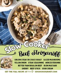 the flyer for slow cooker beef stroganone with mushrooms and broccoli