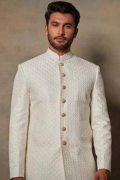 Shop for Gargee Designers White Cotton Silk Geometric Embroidered Sherwani Set for Men Online at Aza Fashions Ivory Sherwani, Embroidered Sherwani, Geometric Motifs, Churidar, Full Sleeves, Embroidered Silk, White Beige, Mandarin Collar, Cotton Silk