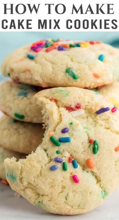 three cookies with sprinkles stacked on top of each other and the words, how to make cake mix cookies