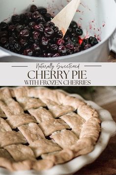 blueberry pie with frozen cherries in a pan and an image of cherry pie