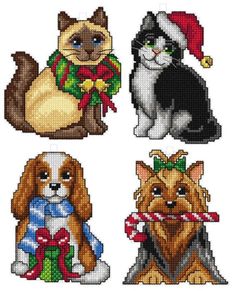 four dogs and three cats are shown in cross - stitch patterns, each with a christmas theme