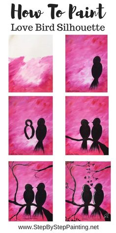 how to paint love bird silhouettes with pink background