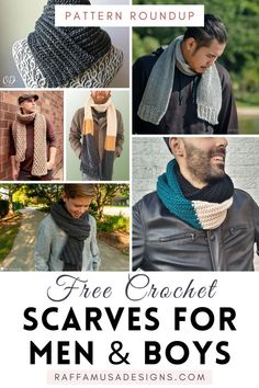 a collage of pictures showing boys and men wearing crocheted scarves