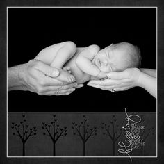 a black and white photo with hands holding a baby's head in front of trees