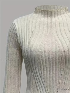 Lasaky - Versatile Womens Solid Rib Knit Sweater with Mock Neck and Slim Long Sleeves for Casual Fashion High Neck Cream Sweater With Stretch, Cream High Neck Stretch Sweater, Stretch Cable Knit Turtleneck, Beige Fitted High Neck Sweater, Fitted High Neck Beige Sweater, Fitted Cable Knit Turtleneck With Long Sleeves, Fitted Cable Knit Turtleneck Top, Fitted Cable Knit Long Sleeve Turtleneck, Fitted Knitted Beige Sweater