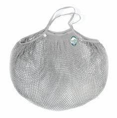 a gray mesh bag with a white handle on the front and bottom, sitting against a white background