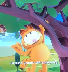 a cartoon character holding onto a tree with the caption garfield gruits with pleasure