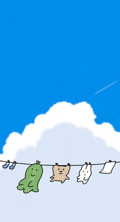 there are many animals hanging out on the clothes line with blue sky and clouds in the background