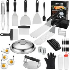 an assortment of kitchen utensils and cooking accessories including spatulas, tongs, eggs, cheese grater