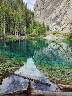 the water is crystal and clear in this mountain lake