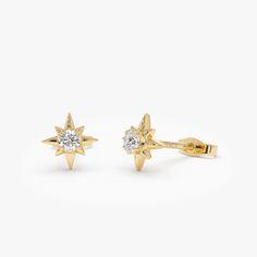 Discover the allure of our 14K Solid Gold Diamond North Star Stud Earrings. These petite starburst studs feature 0.10 carats total weight of diamonds, bringing a touch of minimalist charm to your attire. Crafted for those who appreciate subtle elegance, these earrings are suitable for any occasion, from daily wear to special events. A thoughtful gift for jewelry enthusiasts, these studs add a delicate sparkle and timeless appeal to any outfit. Item Details * Gold Kt: 14K Solid Gold * Custom Gold Color: Rose Gold, Yellow Gold, White Gold * Length & Width: 7.5 X 7.5 MM * Round Diamonds: 2 pcs 2.3 MM * Diamond CTW: 0.10 ctw (pair) * Diamond Color-Clarity: G Color SI Clarity * Ready to Ship in 1-2 Business Days ▶ See more of our Diamond Earrings - http://etsy.me/2lyqVBP ▶ See our storefront he Gold Starburst, Star Stud Earrings, Gold Armband, Subtle Elegance, Tiny Studs, Star Earrings Stud, Ruby Jewelry, Emerald Jewelry, Star Studs