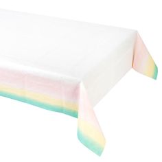 a white table with a pink, yellow and green stripe on it's edge